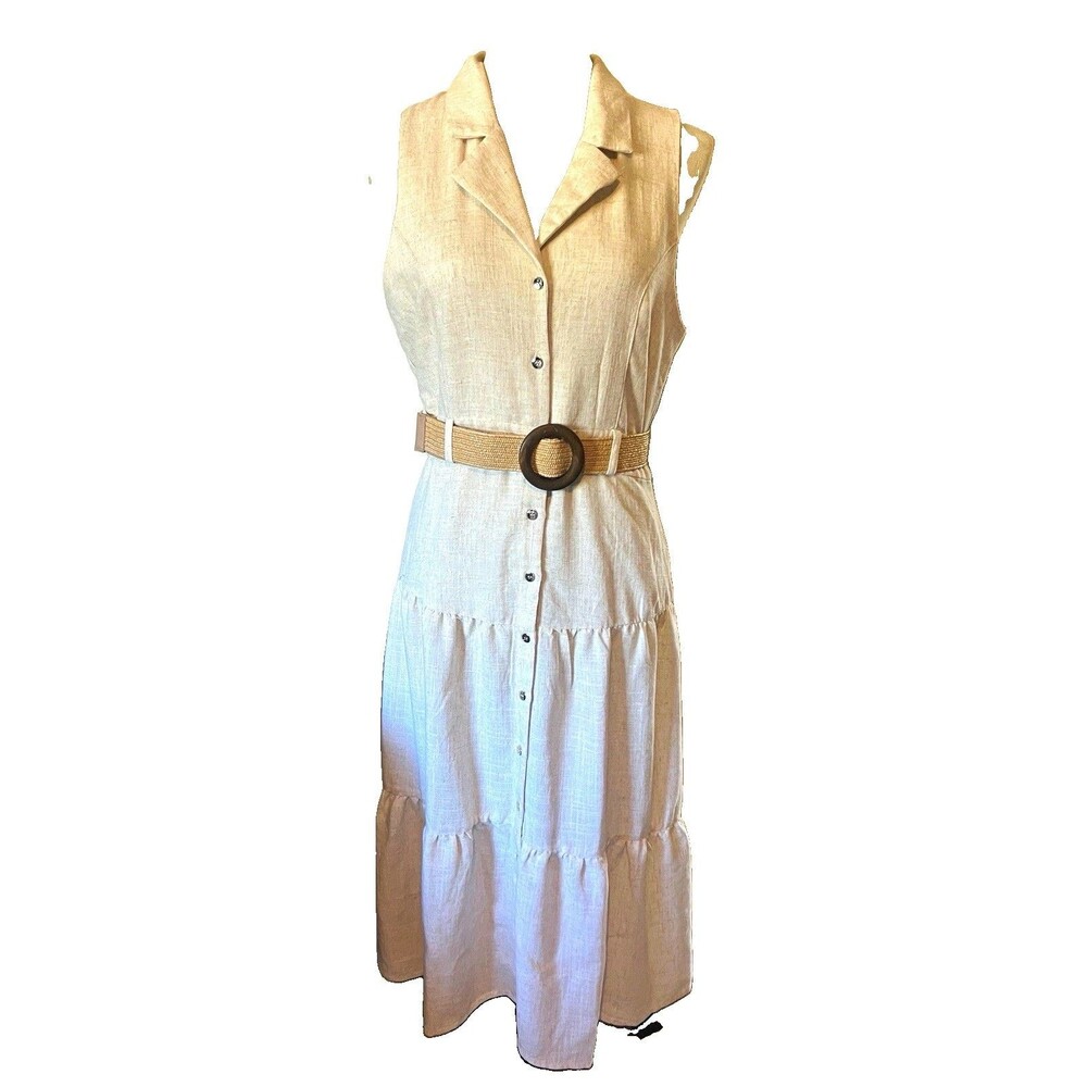 Love Tree Women's Beige Sleeveless Button-Front Belted Midi Shirt Dress M boho